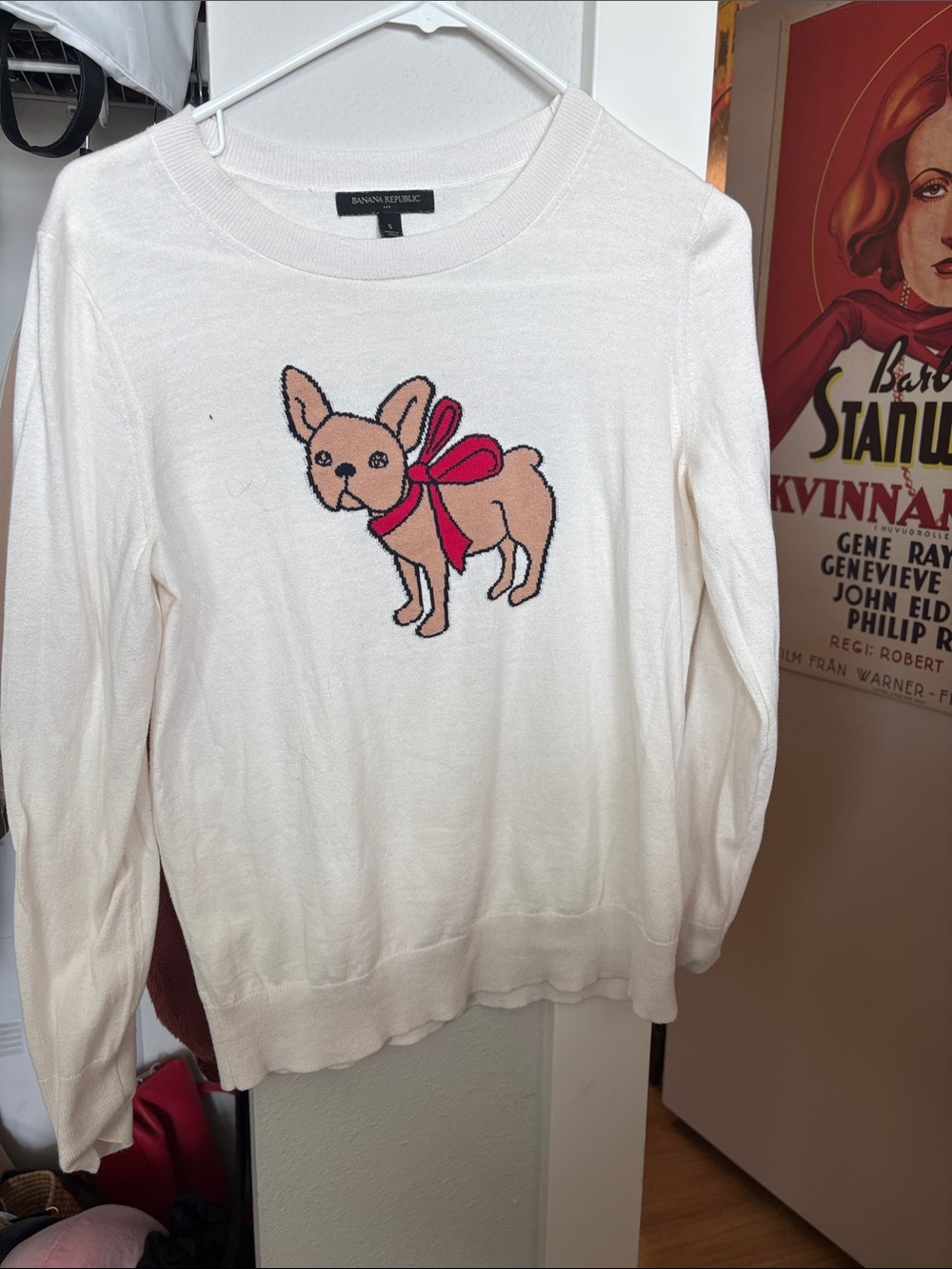 Banana Republic Cream Crewneck Sweater with Pink-Bowed Dog Motif